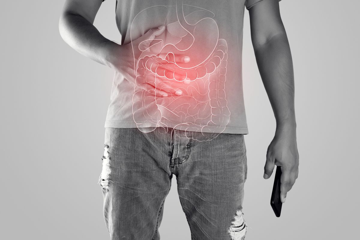Illustration of internal organs is on the man body against the gray background. peopel touching stomach painful suffering from enteritis. internal organs of the human body.